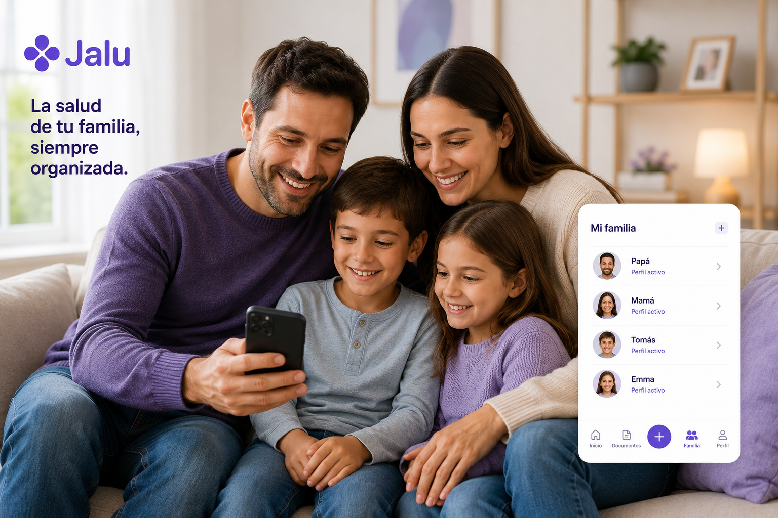 Familia usando Jalu para organizar su salud